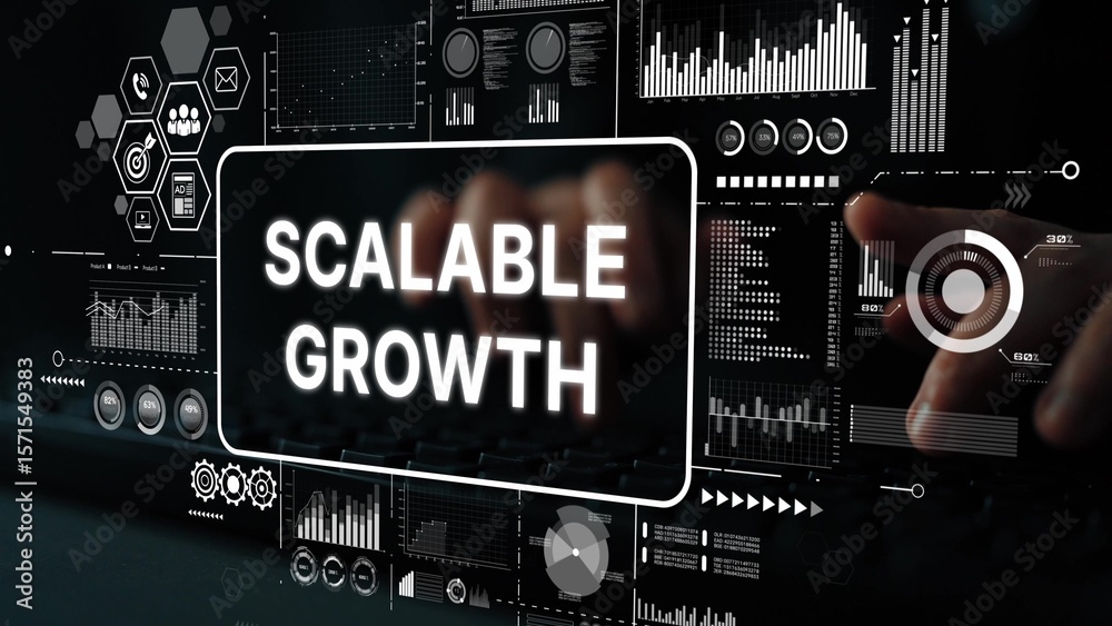 Poster hands on keyboard with digital interface displaying graphs and metrics for scalable growth in busine