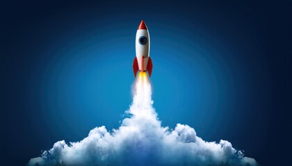Rocket Launch on Dark Blue Background, Isolated Image for Startup and Space Themes