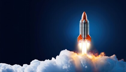 Rocket Launch on Dark Blue Background, Isolated Image for Startup and Space Themes
