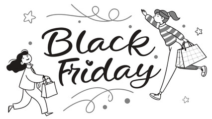 Excited shoppers celebrate black friday with shopping bags and festive decorations