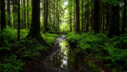 Obraz premium Lush forest pathway reflecting light