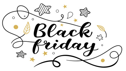 Elegant black friday handwritten calligraphy with gold stars and decorative elements