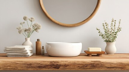 Elegant bathroom arrangement with a round mirror, plants and a rustic wooden shelf