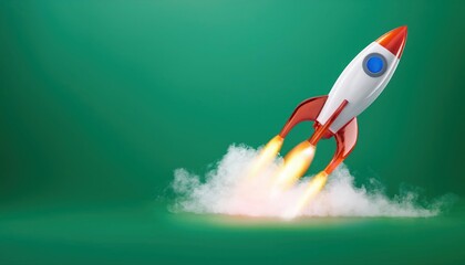 Startup Space Rocket Launch Isolated on Green Background, Business Start and Innovation Theme