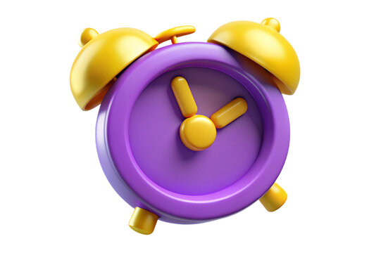 Cute 3d cartoon alarm clock with purple face and yellow bells isolated on transparent background