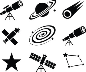 Collection of black silhouette icons representing space exploration and astronomy