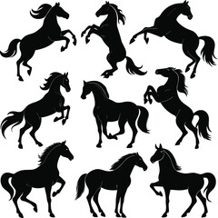 Horse silhouette bundle set vector A collection of 9 black horse silhouettes in various poses, including jumping, standing, sitting, and digital use with white background 