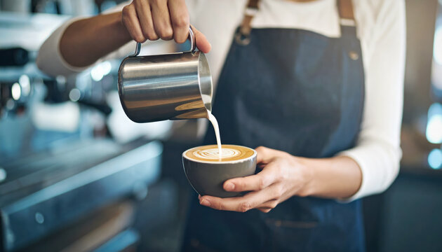Segunda imagen de barista sirviendo leche espumada sobre espresso con técnica de vertido para preparar café artesanal