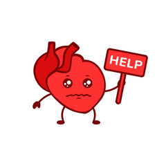 Heart character holds help sign, expressing sadness and distress. symbolizes emotional and mental need.