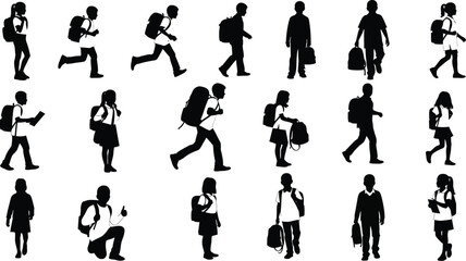 Naklejka premium Back to school silhouettes: kids students walking running with backpacks and books vector illustration 100