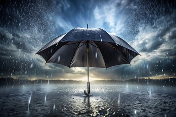 A black umbrella stands in the rain, with the sky and clouds in the background, reflecting in the water on the ground, creating a dramatic and atmospheric scene