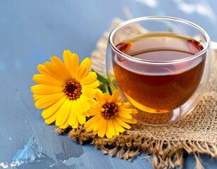Calendula flower infusion. A medicinal drink to enrich a healthy diet.
