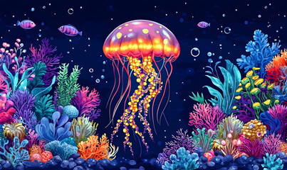 Vibrant jellyfish and coral reef