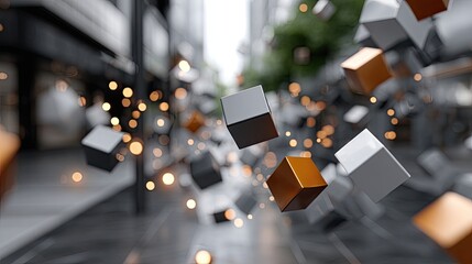 Floating data blocks form a futuristic cityscape, enhanced by glowing lights and reflections, emphasizing advanced technology