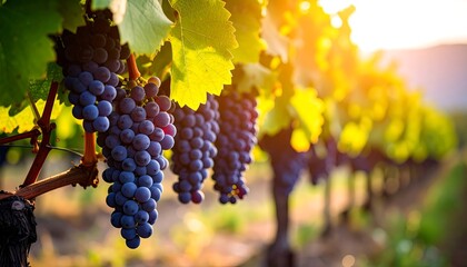 Naklejka premium Lush vineyard at sunset