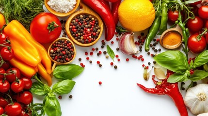 Colorful Arrangement of Fresh Vegetables and Spices on White Background