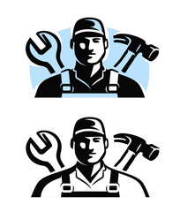 Construction worker with tools, hammer and wrench. Service work, repair emblem or symbol