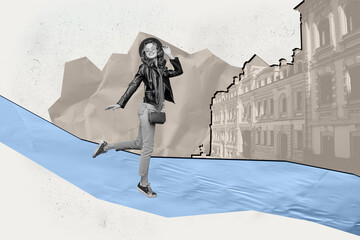 Image pop 3d zine collage of happy girl guy walk excursion trip city building sightseeing summer spring park leisure time