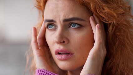 Close up portrait at home sad woman girl lady female wife indoors apartment bad feeling unhealthy...