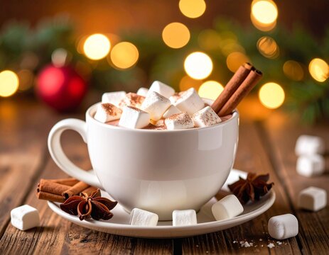 Taza blanca de chocolate caliente con malvaviscos peque&ntilde;os flotando