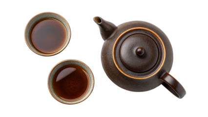 Top view of japanese tea ceremony with teapot and teacups for relaxation and mindfulness practice