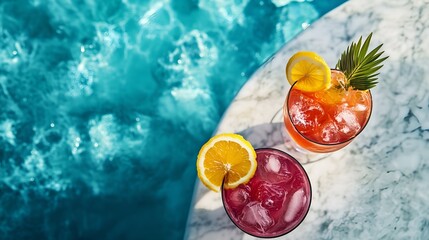 Tropical cocktails on a marble bar near the pool with empty space for text or logo, bright colors and natural light, great for menu and hotel advertising. 