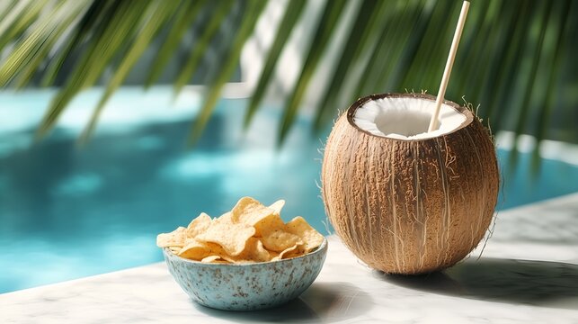 Fresh coconut drink with a straw and tropical chips in a ceramic bowl on marble poolside near the pool. Warm and modern tropical vacation vibe, great for menu and hotel advertising.