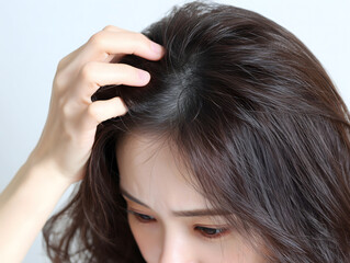 Naklejka premium 薄毛や抜け毛を気にして頭皮を確認する若い女性