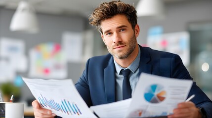Smiling young businessmen professionally work at their desks using laptops and tablet computers