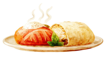 A watercolor painting of a beautifully arranged dish with stuffed tomato and a wrap.