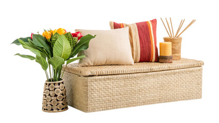 A cozy arrangement of pillows, flowers, and candles on a woven bench.