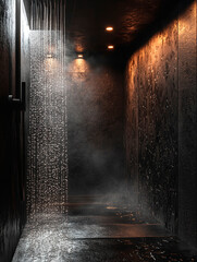 Dark luxury shower room with running water and steam under warm ceiling lights