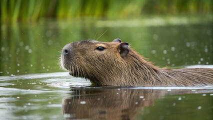 Close up of a capybara swimming in calm water with green foliage background