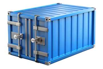 Bright blue shipping container with metal locking mechanism isolated on transparent background