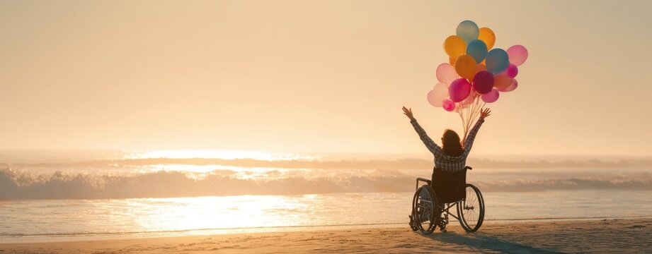 The joyful moment of a person in a wheelchair celebrating with balloons by the beach. - Powered by Adobe