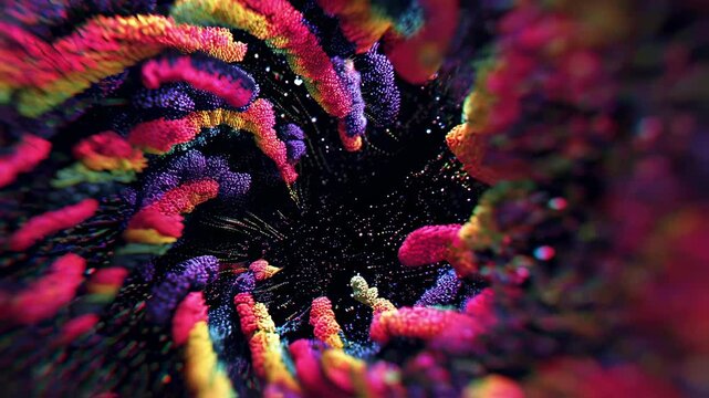 Dynamic abstract art featuring vibrant neon colors in a swirling, textured pattern. The intricate design creates a sense of movement and energy, resembling a cosmic or microscopic environment