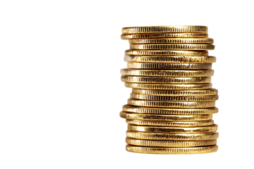 Close up of a tall stack of shiny gold coins.
