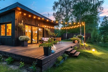 Outdoor deck lighting and backyard evening scene