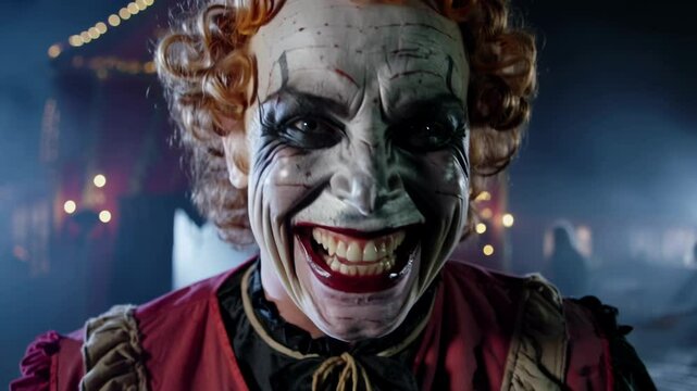 A terrifying clown with red hair and white face laughs sinisterly at the camera for Halloween.