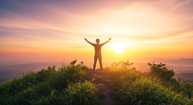 A person standing at the mountaintop with open arms, enjoying the sunrise. - Powered by Adobe
