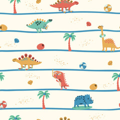 Dinosaurs on the beach with horizontal lines seamless pattern. Cute cartoon dino with lifebuoy, surfboard, fins, palm, coconut, and lemonade in flat style.