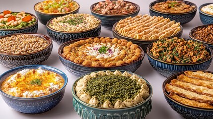 Colorful Array of Traditional Dishes in Stylish Bowls on Table