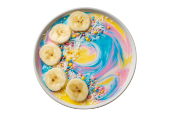 Colorful smoothie bowl with banana slices and sprinkles.