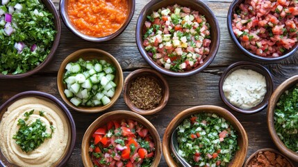 Fototapeta premium Fresh Ingredients for Colorful Mediterranean Dishes on Wooden Table