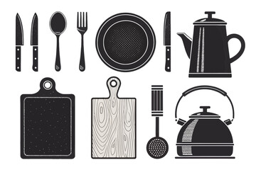 A set of black and white illustrations of kitchen utensils and cookware, isolated on white background