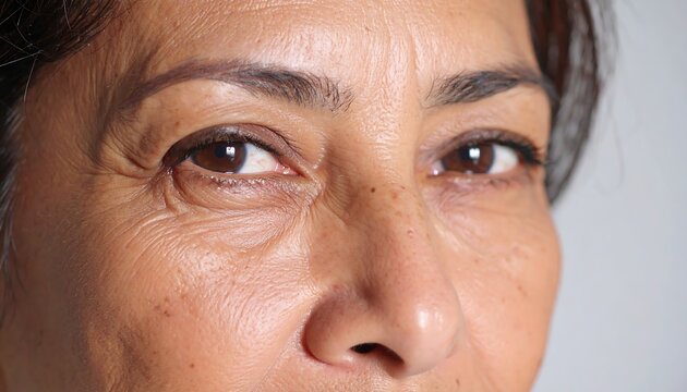 Close-up of a woman's face, focusing on her expressive brown eyes - Powered by Adobe