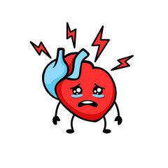 Heart displaying a sad expression with lightning represents an emotional or medical warning symbol.
