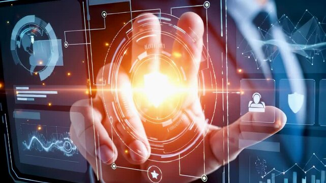 Businessman interacting with a holographic cybersecurity dashboard. Digital shield icon, data charts, global network visual convey protection, encryption, digital security system. Firewall technology.