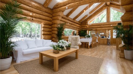Fototapeta premium Stylish interior of a log house with large windows, a cozy living room, and a dining area surrounded by nature's beauty
