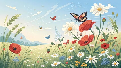 Naklejka premium Beautiful summer meadow with flowers butterflies and bees vector illustration landscape backdrop art